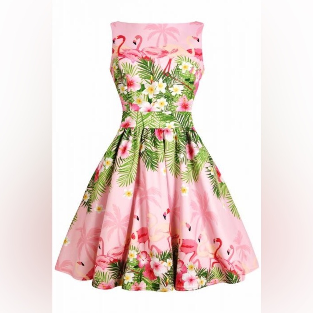Lady Vintage Tropical Pink Flamingo 🦩 Tea Dress NWT UK 22 US 18 Lady V London